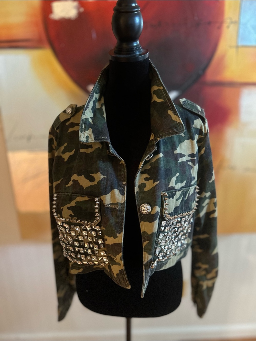 Cropped Women's Camo Studded Jacket - Olive Green